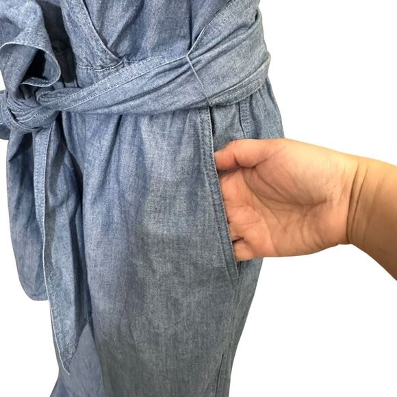 J. Crew Ruffle Chambray Puff Sleeve Jumpsuit Wide Leg 100% Cotton Size 12 - Picture 3 of 10